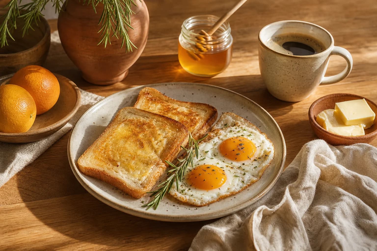 A home breakfast table with toast, eggs and coffee in morning light